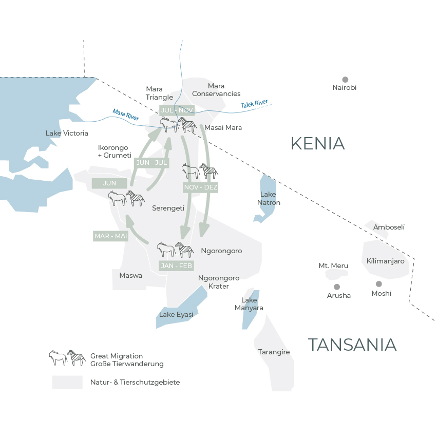 Die Große Tierwanderung in Tansania & Kenia Landkarte der Route der Großen Tierwanderung durch Serengeti, Ngorongoro und Masai Mara, Globetrotter Select