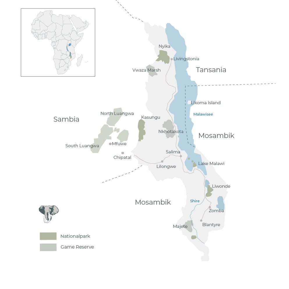 Malawi Reisen - Das warme Herz Afrikas Malawi Landkarte Globetrotter Select