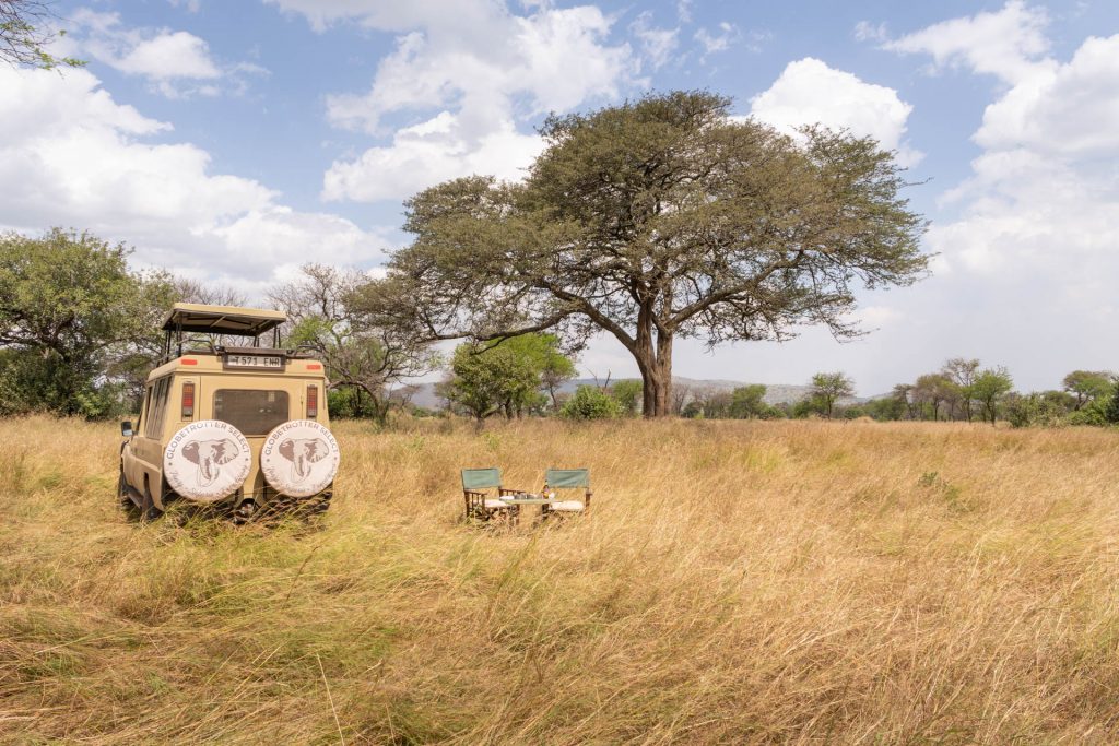 The Great Migration Gruppenreise Bush Lunch Serengeti neben Safarifahrzeug mit Logo von Globetrotter Select