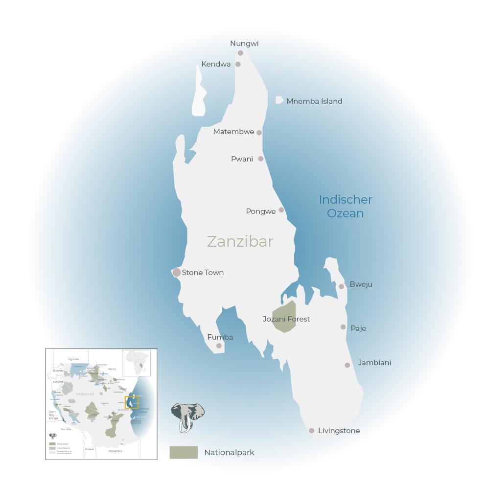 Landkarte von Sansibar mit Stone Town und Stränden, Globetrotter Select