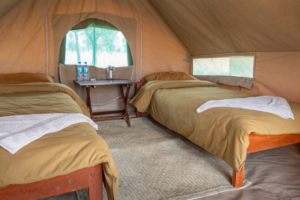 Select-Zelt-Safari Zwei Betten mit Handtüchern und Fenster zur Savanne, Select-Zelt-Safari, Serengeti Tansania, Globetrotter Select"